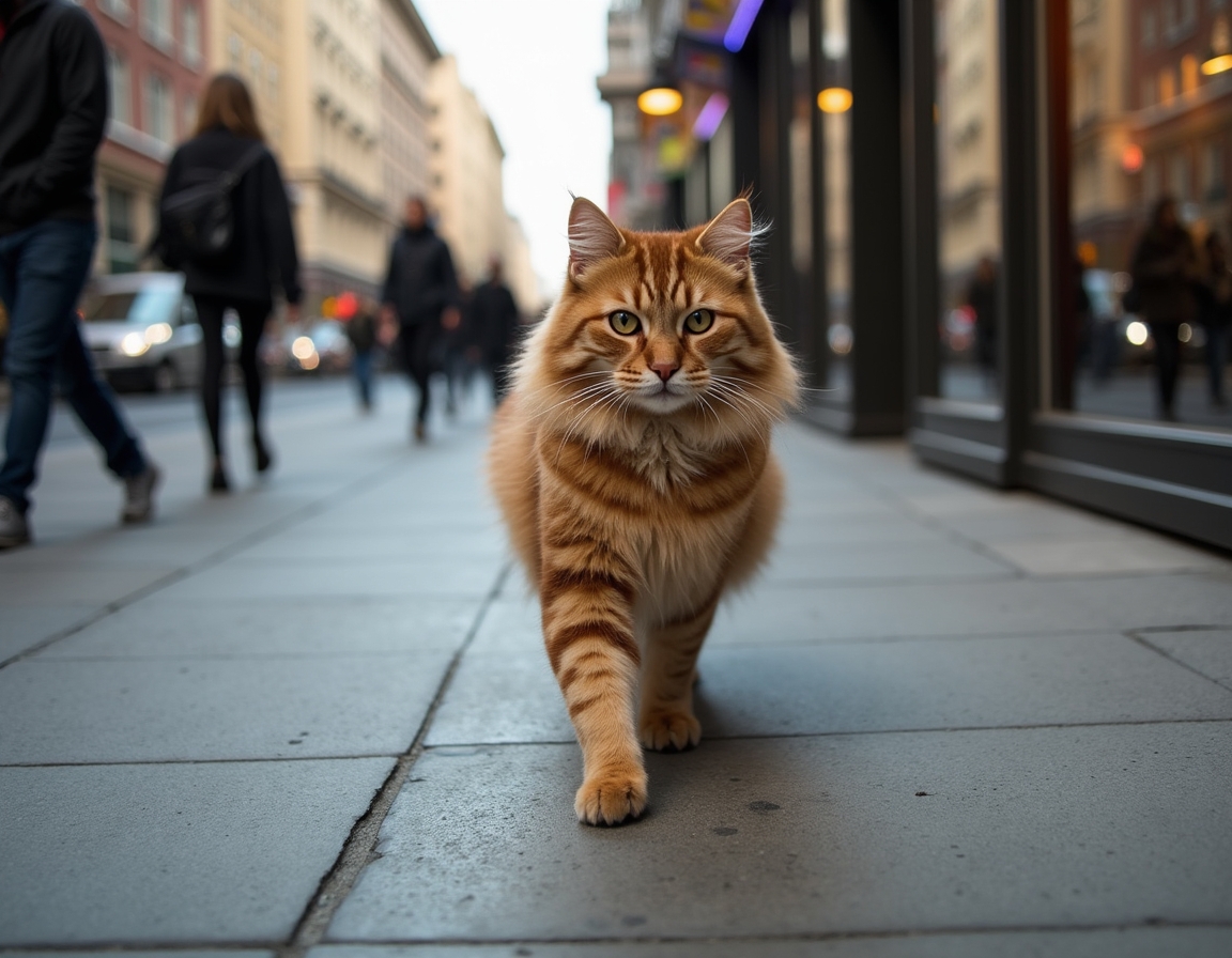 Cat strolls down a city sidewalk, confidently navigating the vibrant cityscape.