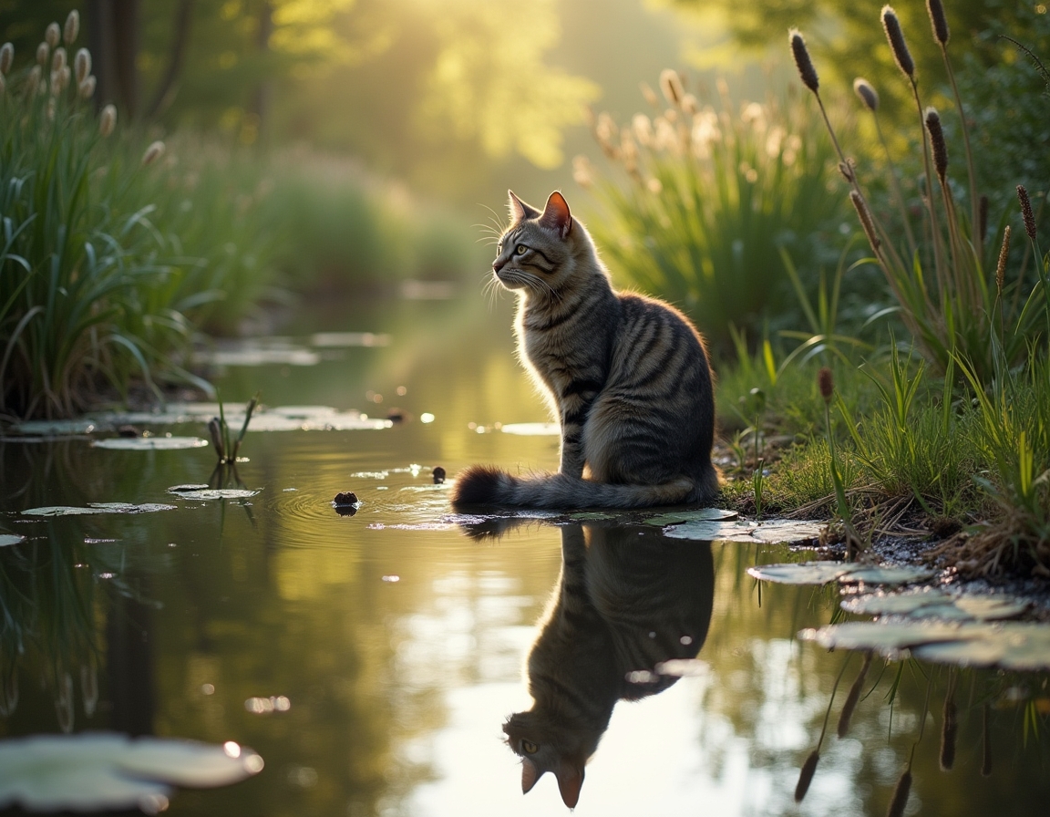 Cat observes a serene countryside pond, reflected in its still waters.