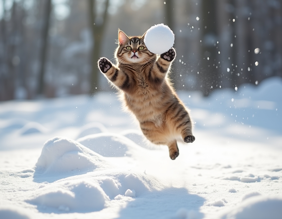 Cat leaps into the air, playfully trying to catch a snowball as it enjoys the winter wonderland with enthusiasm and excitement.