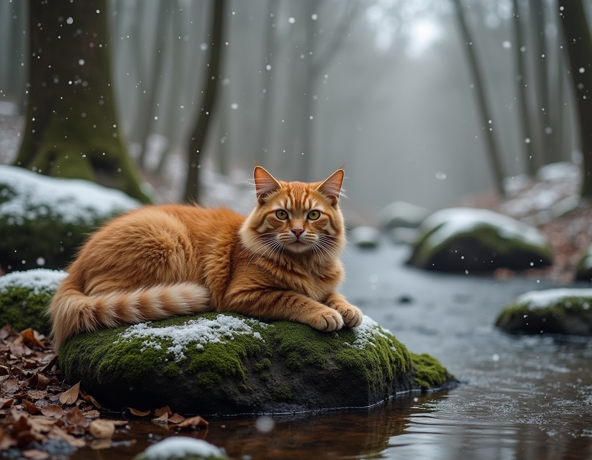 Cat relaxes on a mossy rock in a snowy woodland clearing, surrounded by snow-dusted trees and a peaceful stream, creating a tranquil moment in nature.