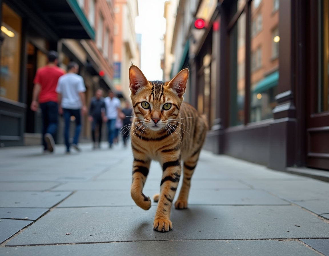 Cat strolls down a city sidewalk, confidently navigating the vibrant cityscape.