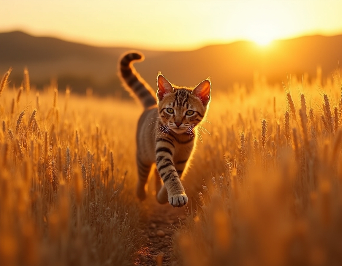 Cat sprints joyfully through a golden field, surrounded by waving wheat and warm light.