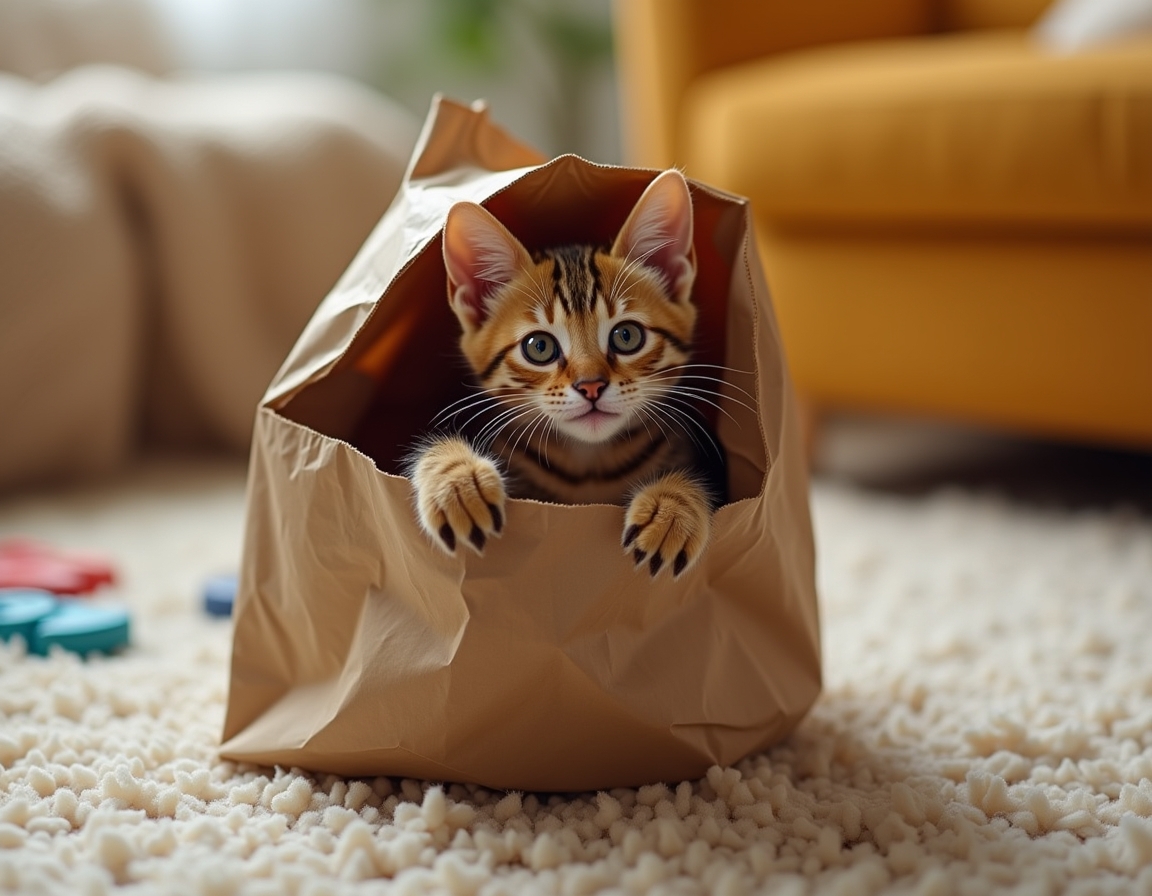 Cat hides partly inside a crumpled paper bag, with its paws playfully batting at the edges. The room features cozy decor with soft lighting and homey furniture.