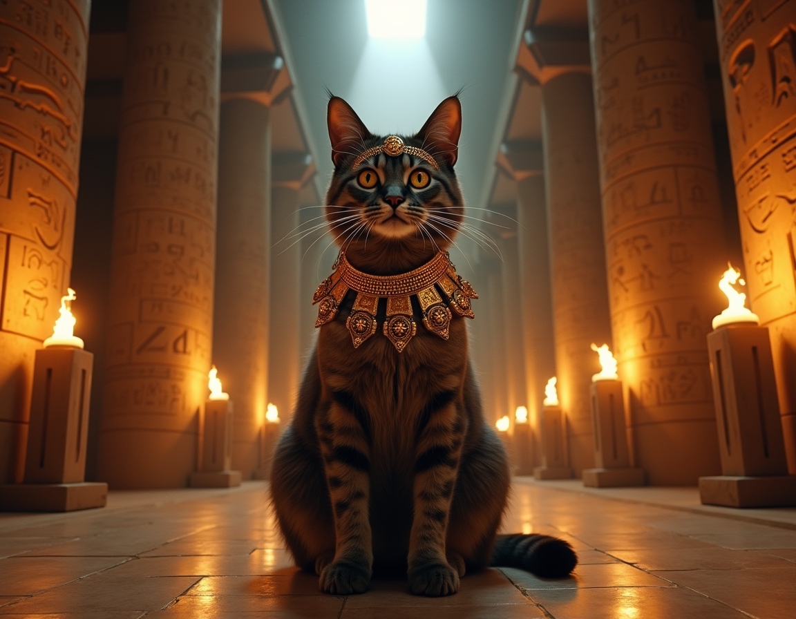 Cat dressed in luxurious golden regalia sits in an ancient Egyptian temple at night, surrounded by hieroglyphs and lit torches. The cat exudes the aura of a revered feline goddess, capturing the timeless majesty of ancient Egypt.