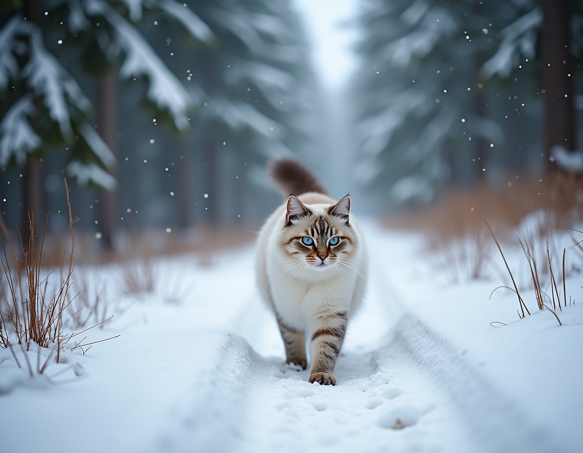 Cat walks along a snowy winter trail, leaving footprints in the fresh snow while surrounded by peaceful pine trees and gently falling snowflakes.