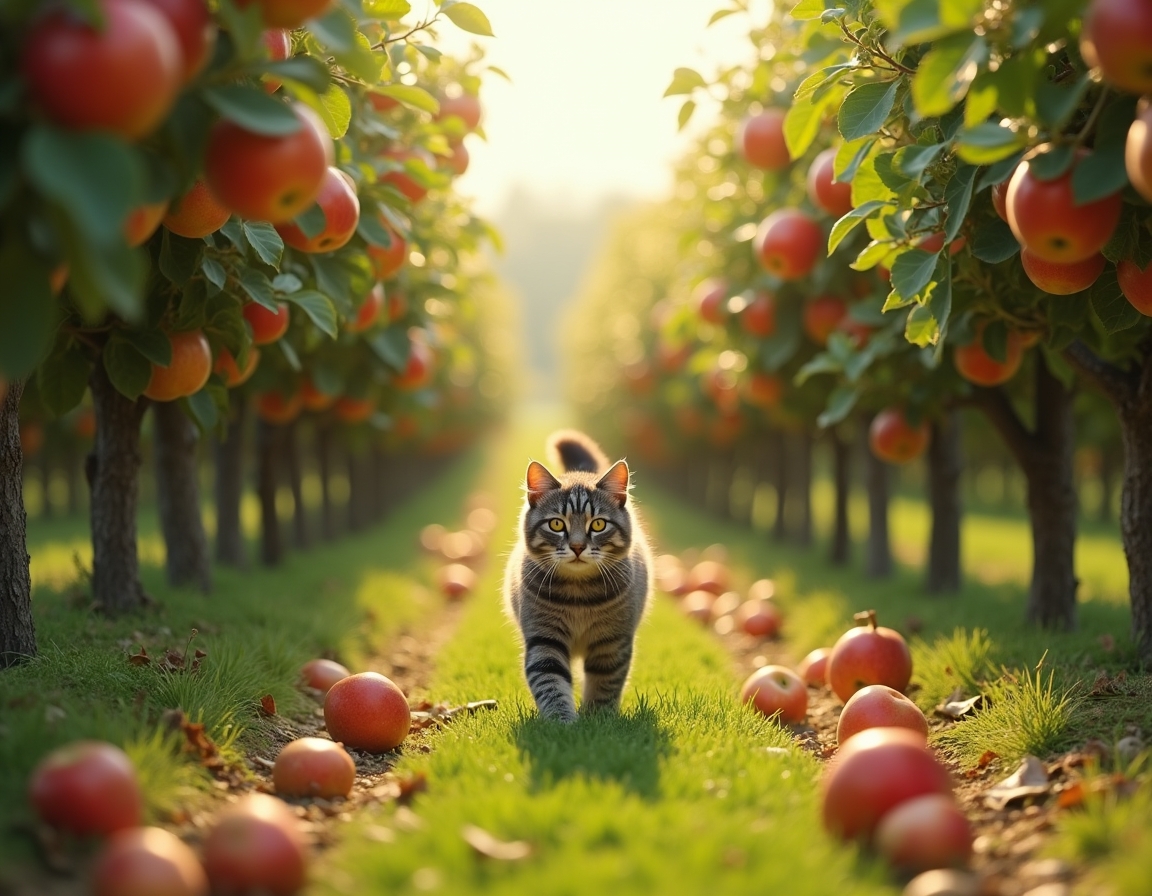 Cat explores an orchard filled with fragrant fruit and dappled sunlight.