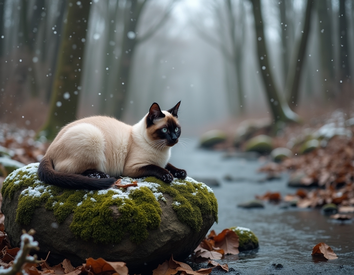 Cat relaxes on a mossy rock in a snowy woodland clearing, surrounded by snow-dusted trees and a peaceful stream, creating a tranquil moment in nature.