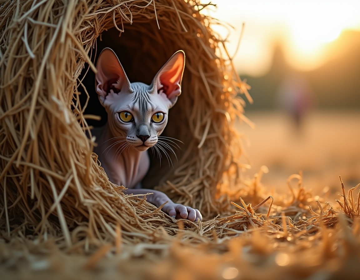 Cat finds a cozy nook within a haystack, soaking in the warmth and calm of the farm.