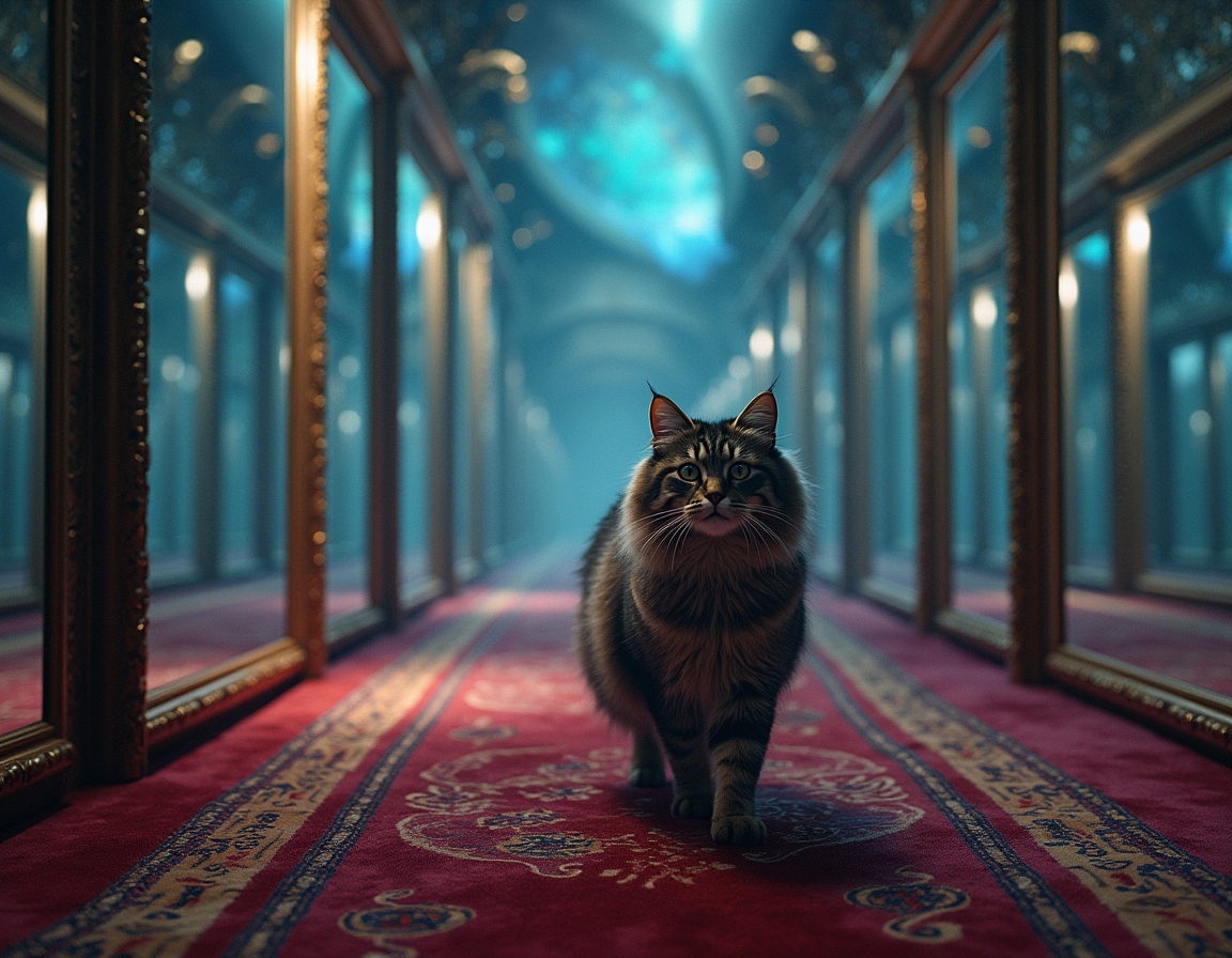 Cat navigates a maze where every surface is a magic-infused mirror, reflecting surreal visions and shifting illusions. Soft, colorful light accentuates each step, turning the labyrinth into a glittering puzzle filled with wonder and mystery.