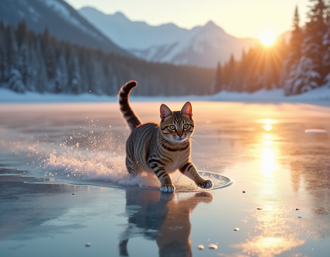 Cat enjoys a playful glide across a frozen lake, surrounded by snow-covered trees and distant mountains, with the soft glow of the setting sun reflecting off the ice.

