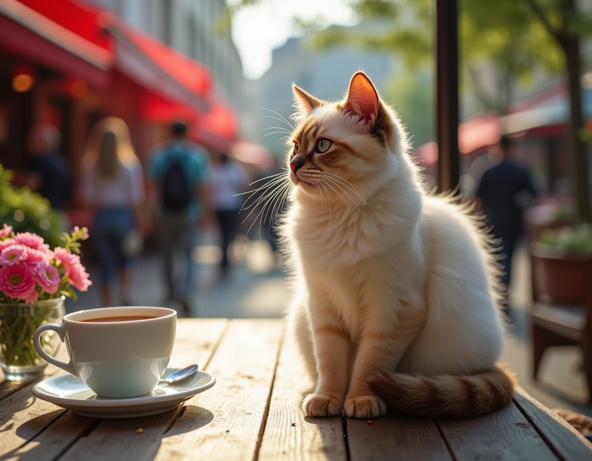 Cat sits contentedly at an outdoor cafe, enjoying the bustling streets and warm sunlight.