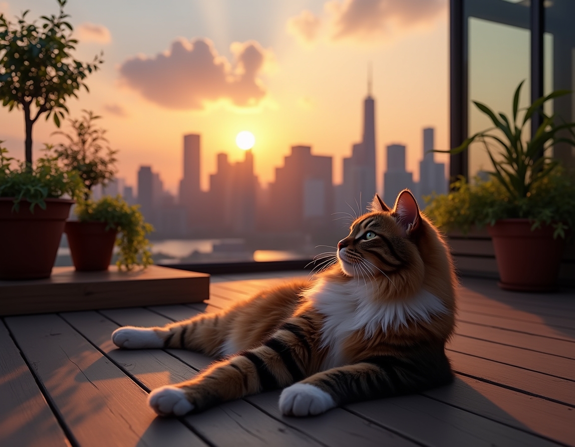 Cat relaxes on a rooftop terrace, enjoying the serenity above the urban buzz.