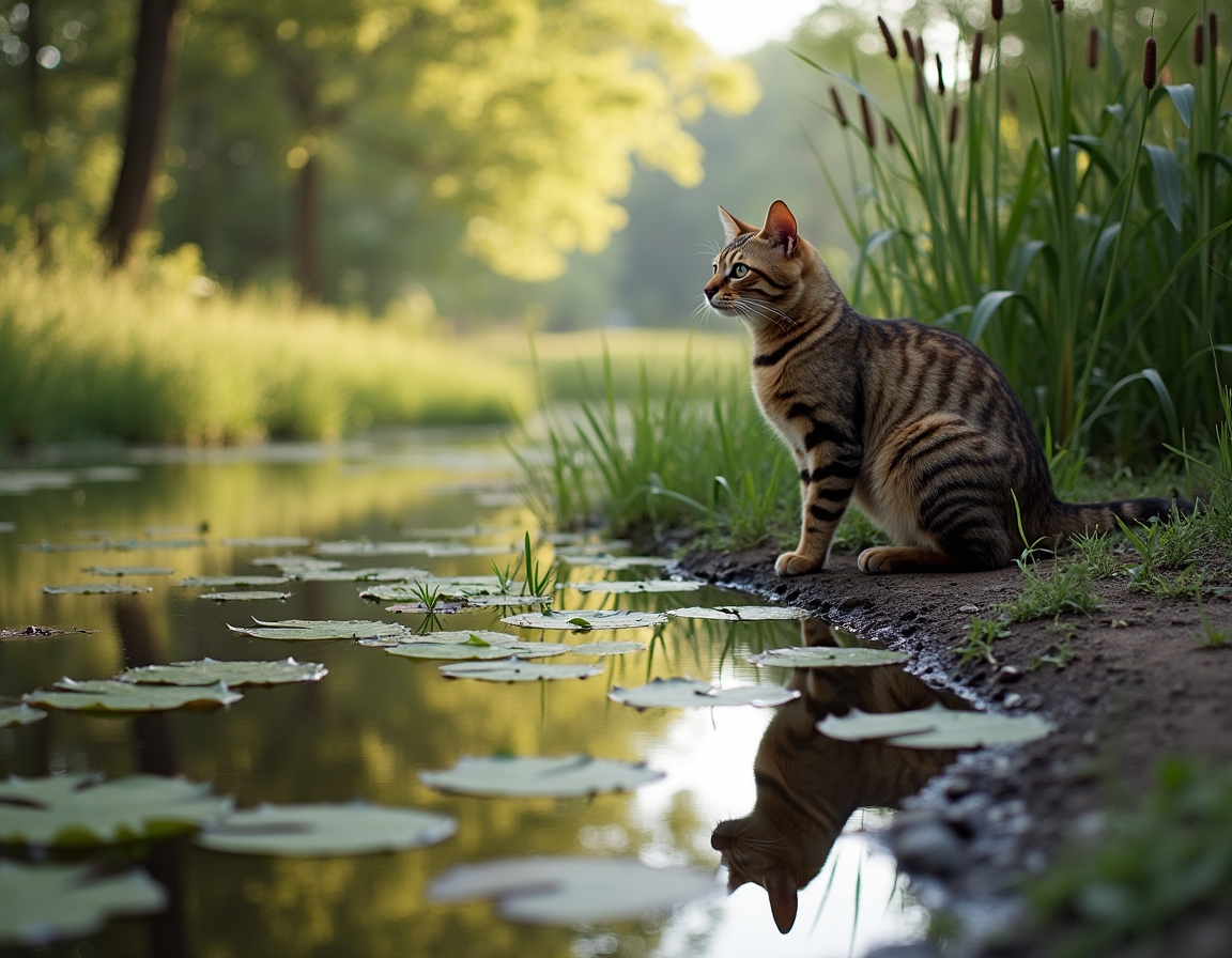 Cat observes a serene countryside pond, reflected in its still waters.