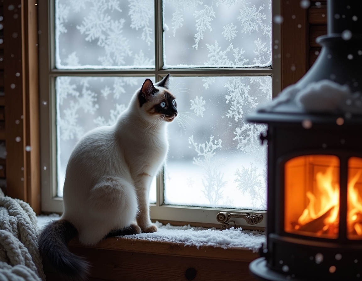 Cat looks out a frosted window at the snowy world outside, while the cozy warmth of the cabin and the glow of the fireplace create a peaceful, inviting atmosphere.