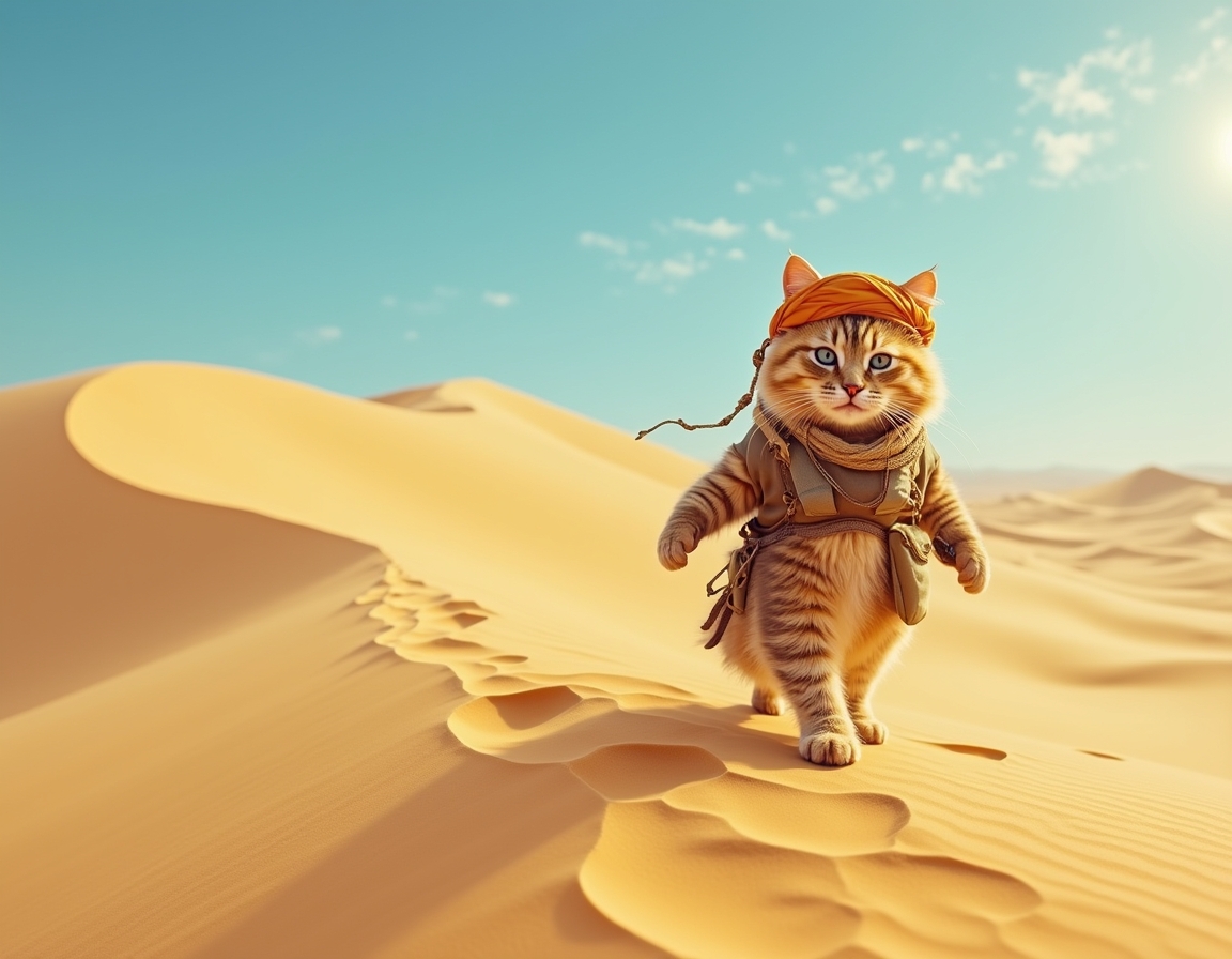 Cat crosses vast desert dunes, guided by the sun’s relentless heat and the promise of hidden oases. The scene is filled with swirling sand, vibrant skies, and an air of adventurous determination.