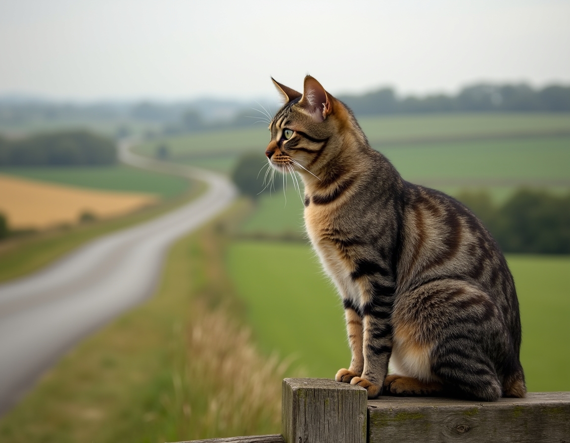 Cat gazes at the quiet beauty of a country road, framed by a weathered wooden gate.