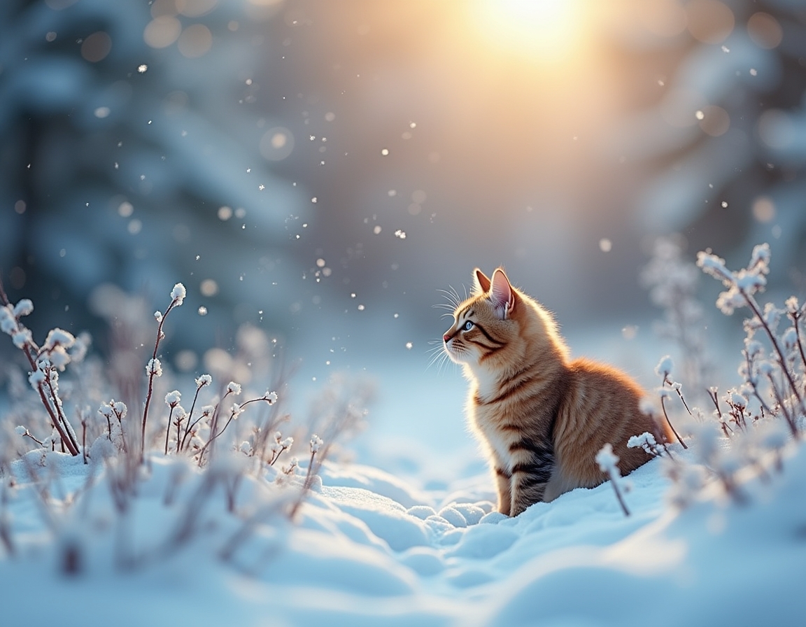 Cat explores a tranquil snowy landscape, its fur dusted with snowflakes as it observes the serene winter forest, bathed in the soft glow of the setting sun.

