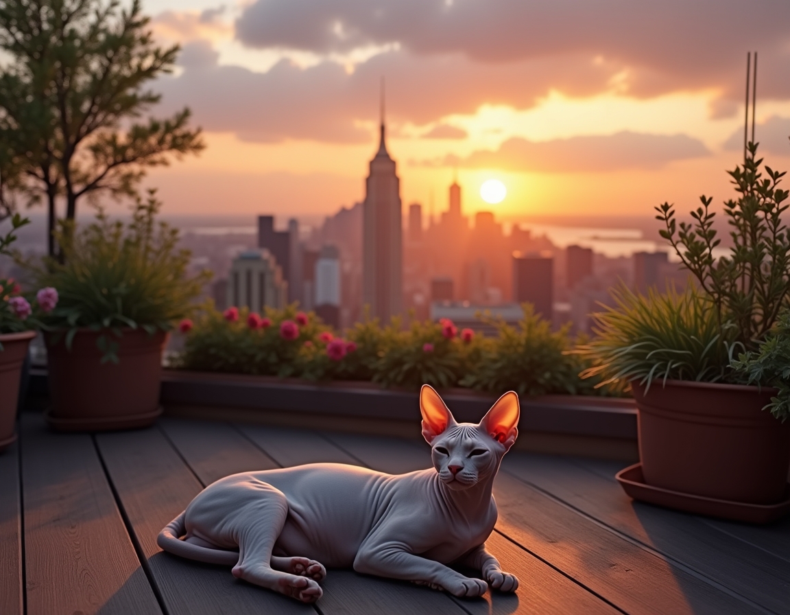 Cat relaxes on a rooftop terrace, enjoying the serenity above the urban buzz.