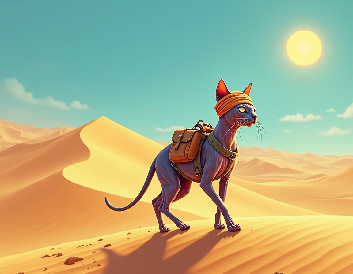 Cat crosses vast desert dunes, guided by the sun’s relentless heat and the promise of hidden oases. The scene is filled with swirling sand, vibrant skies, and an air of adventurous determination.