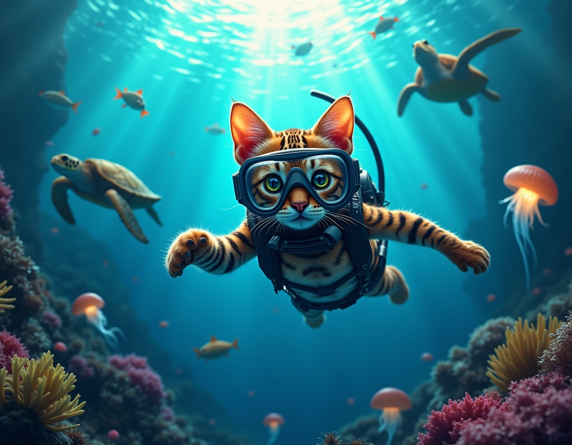 Cat in a wetsuit and diving mask swims through a vibrant underwater scene, surrounded by glowing jellyfish, colorful fish, and coral reefs illuminated by sunlight.