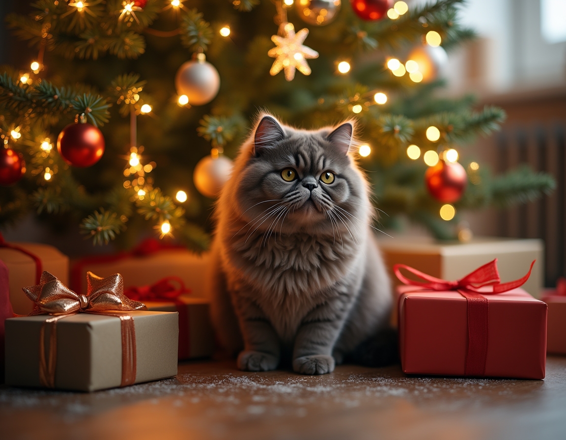 Cat sitting under a beautifully decorated Christmas tree, surrounded by twinkling lights, ornaments, and wrapped presents, with a warm, cozy glow.