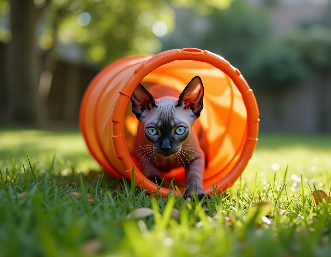Cat explores a colorful play tunnel in a lively garden, its curious expression capturing the playful moment.