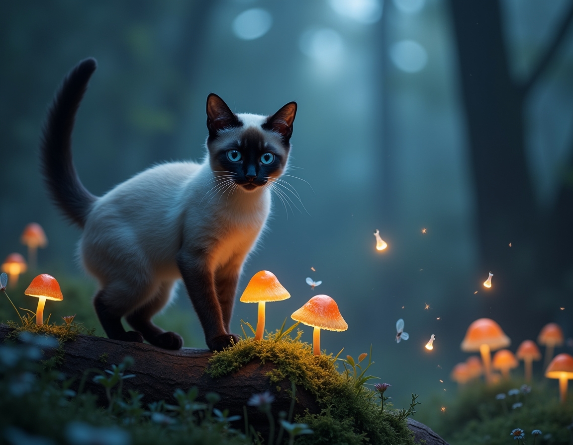 Cat explores a twilight forest alive with bioluminescent mushrooms, sparkling fireflies, and fluttering fairies. The scene captures a sense of enchantment and mystery under the soft glow of moonlight.