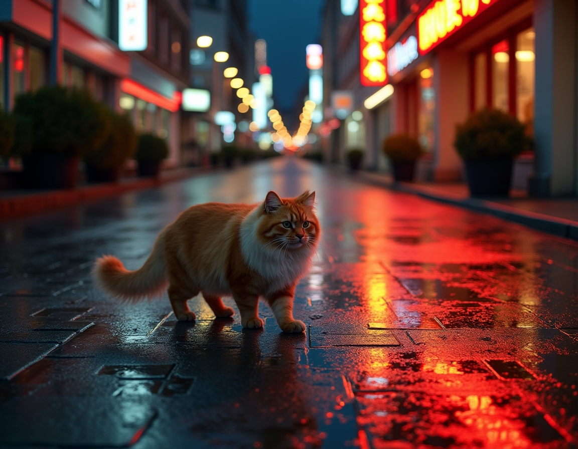 Cat walks through an illuminated cityscape, surrounded by vibrant lights and a serene vibe.