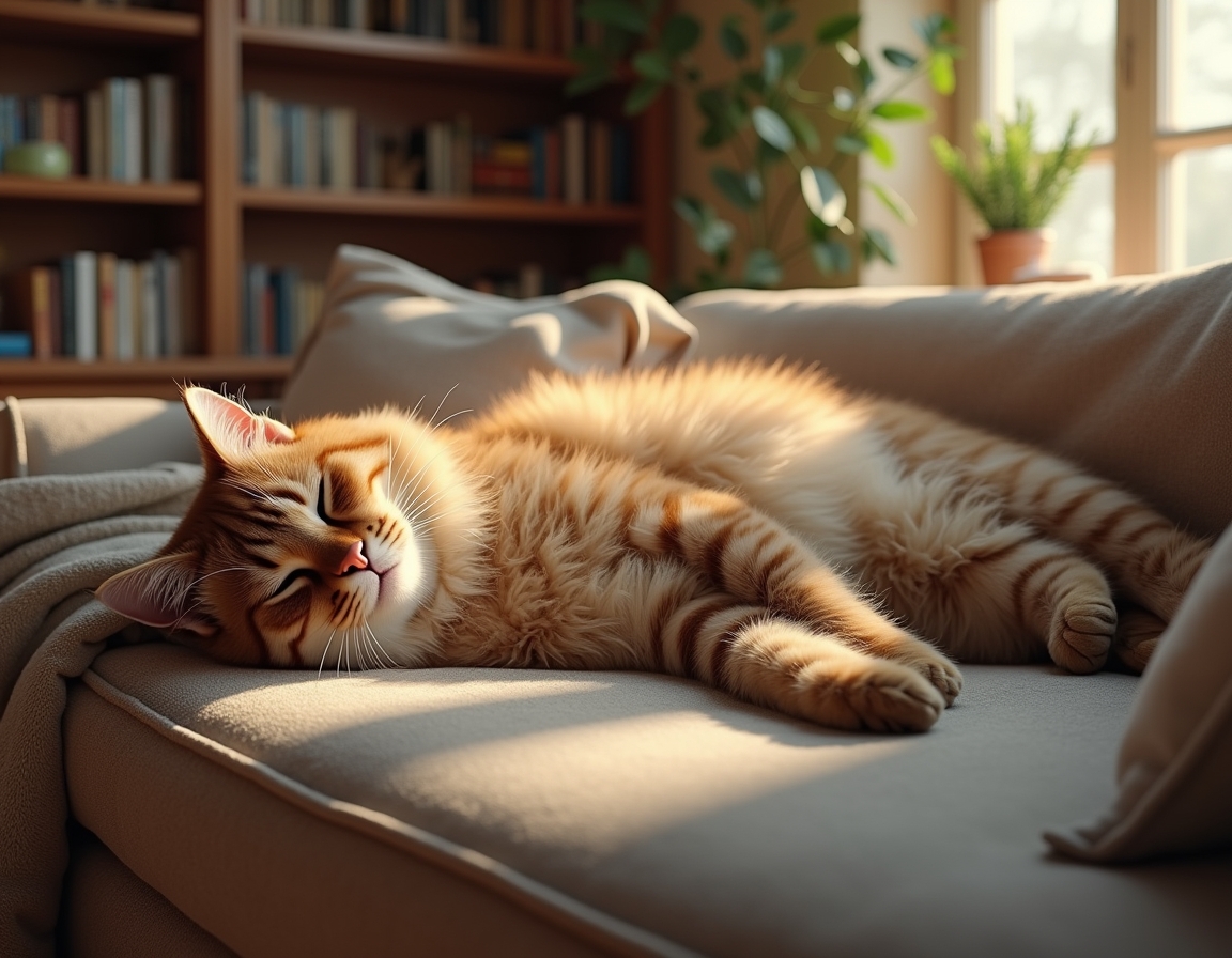 Cat sprawls lazily on a cozy couch, surrounded by decorative pillows and a draped blanket. Soft natural light from a window illuminates its fur, creating a calm, homely atmosphere.