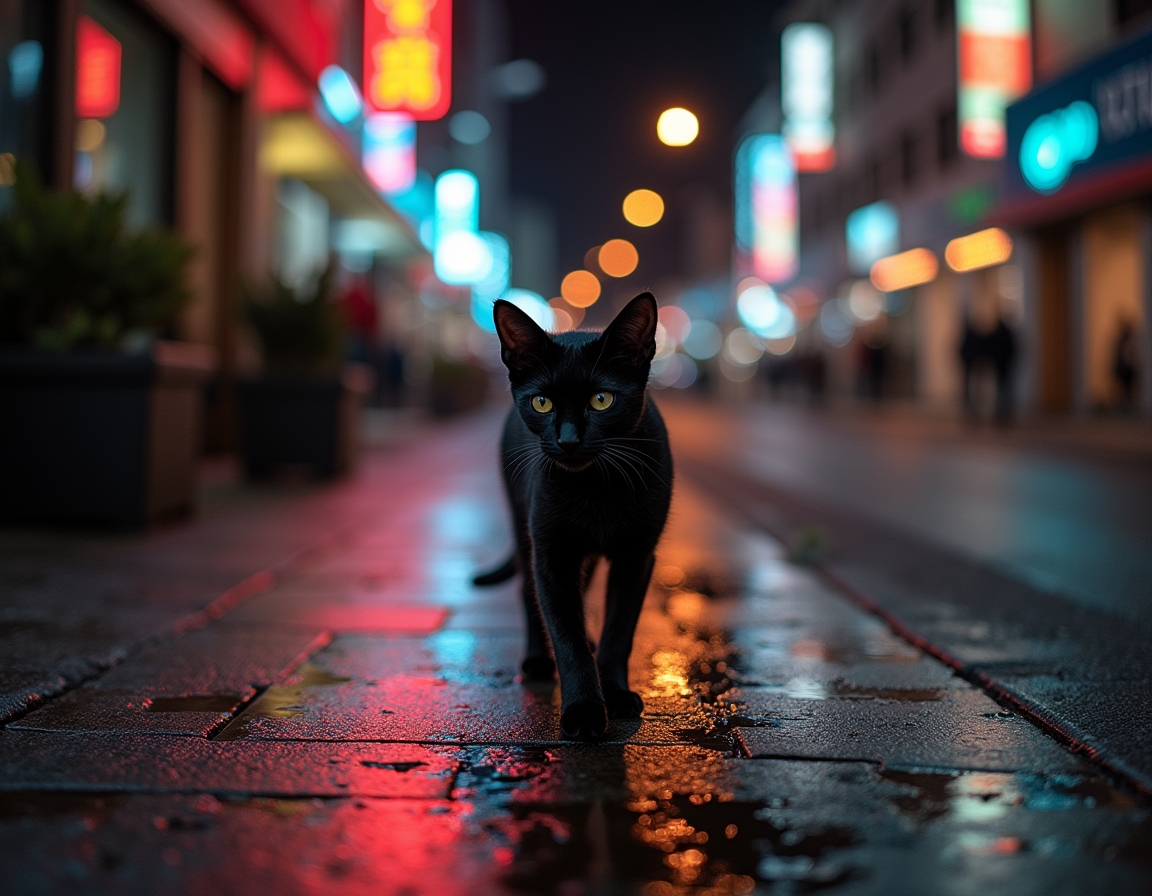 Cat walks through an illuminated cityscape, surrounded by vibrant lights and a serene vibe.