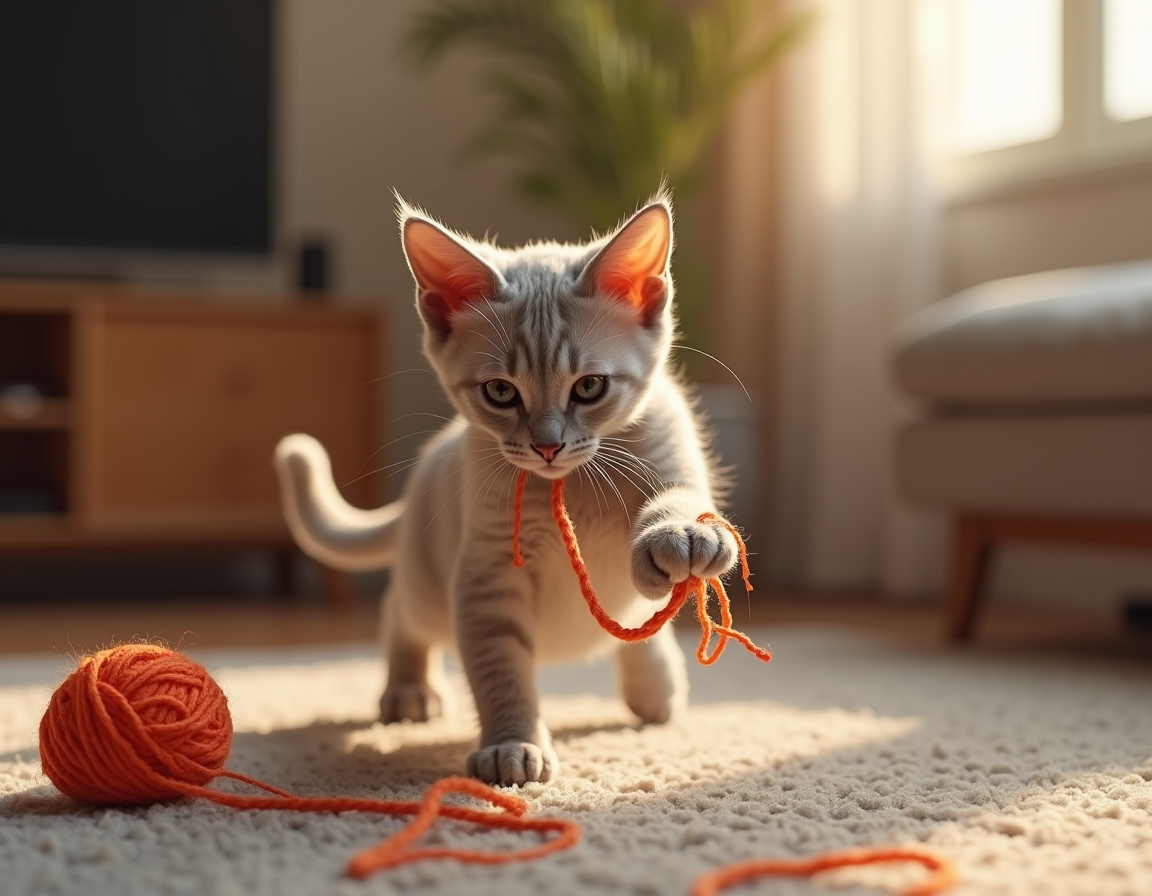 Cat pounces on a colorful ball of yarn on a wooden floor. The scene is bathed in soft sunlight streaming through a window, with a cozy room in the background.