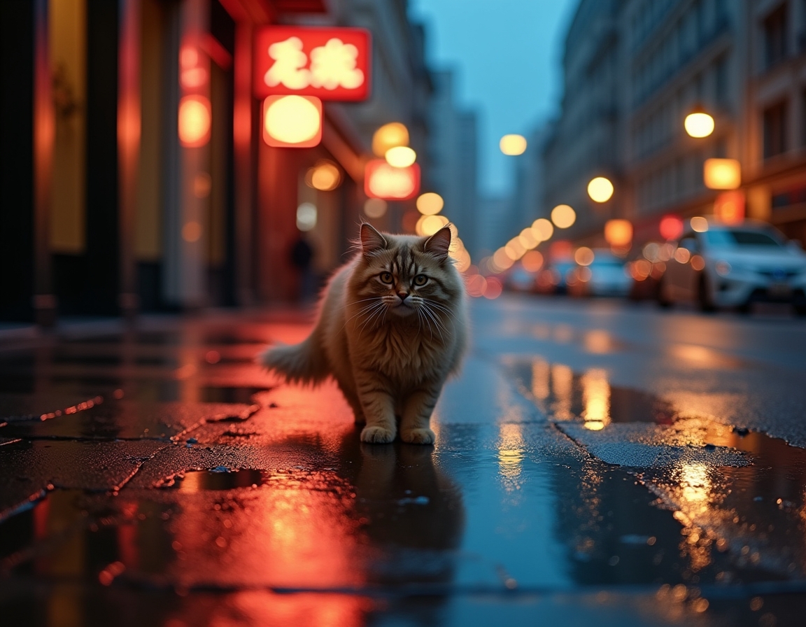 Cat walks through an illuminated cityscape, surrounded by vibrant lights and a serene vibe.
