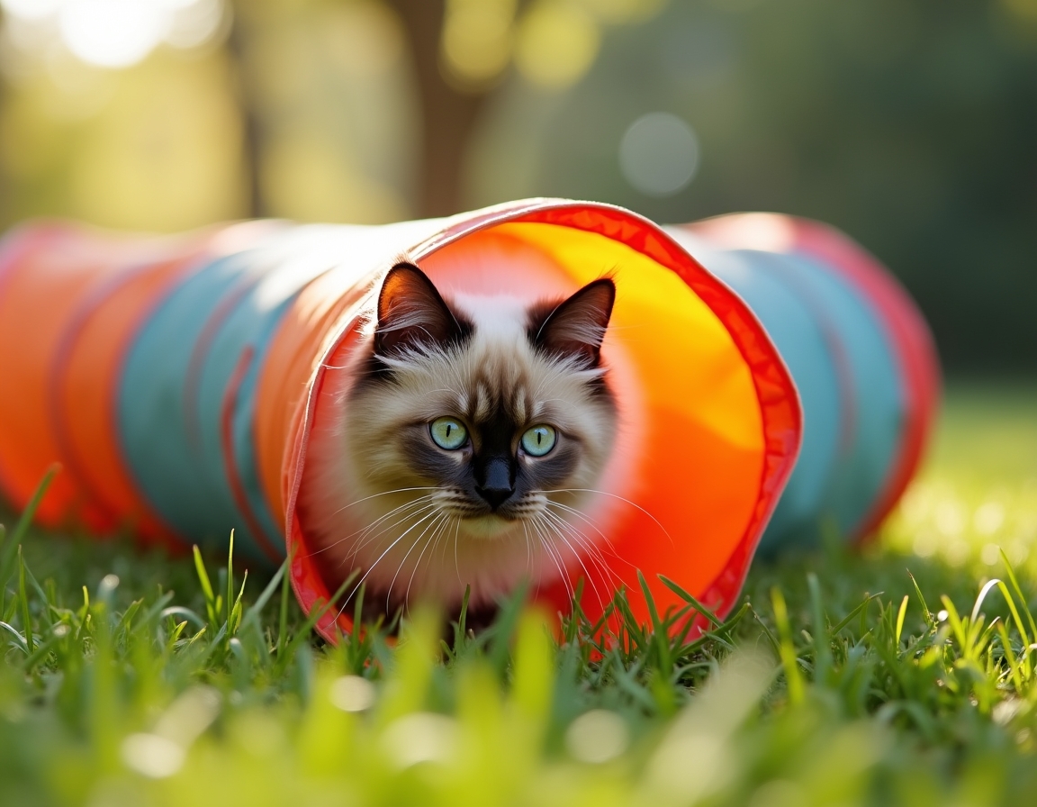 Cat explores a colorful play tunnel in a lively garden, its curious expression capturing the playful moment.