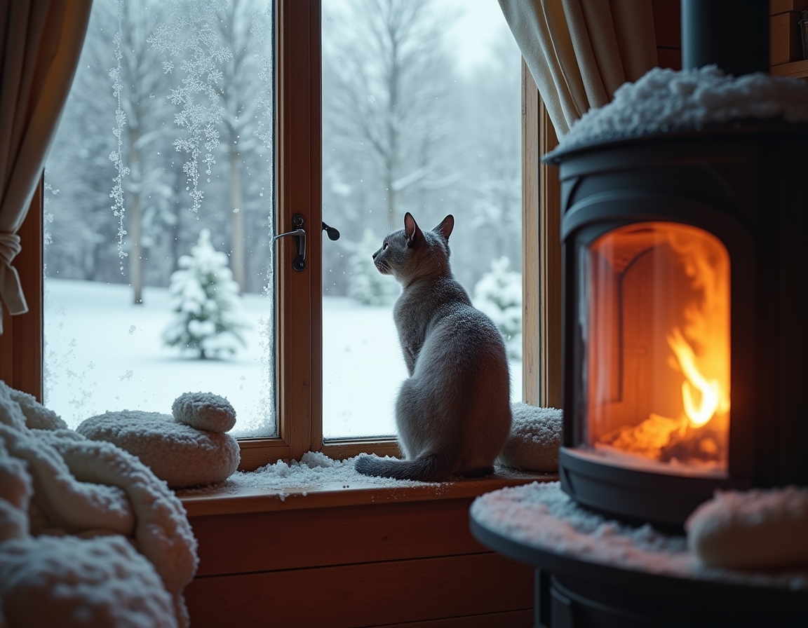 Cat looks out a frosted window at the snowy world outside, while the cozy warmth of the cabin and the glow of the fireplace create a peaceful, inviting atmosphere.