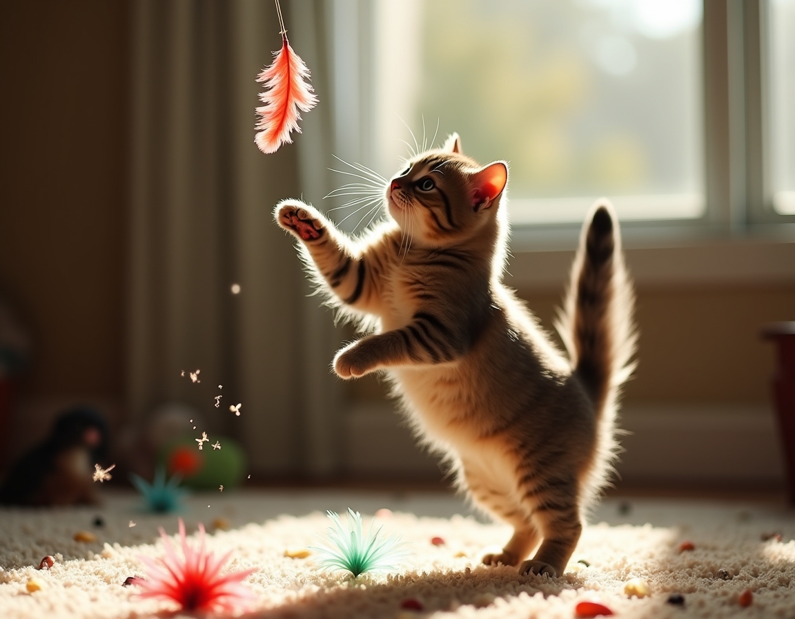 Cat leaps into the air, its paws reaching for a multicolored feather toy that flutters enticingly, bathed in golden sunlight in a cozy room.