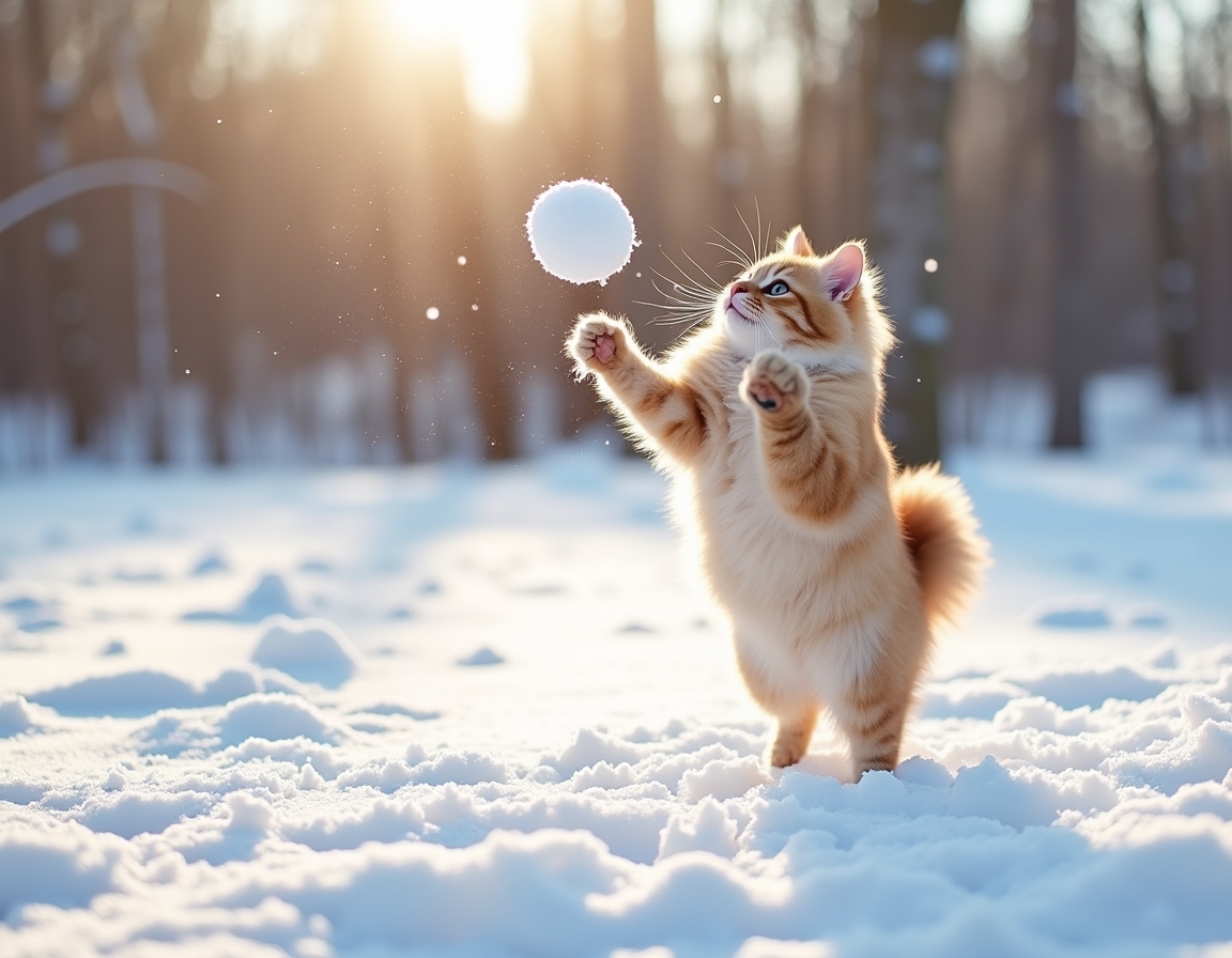 Cat leaps into the air, playfully trying to catch a snowball as it enjoys the winter wonderland with enthusiasm and excitement.