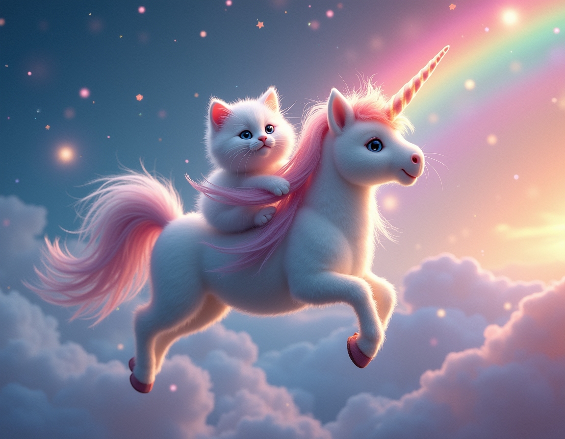 Cat rides a magical unicorn galloping across a rainbow, surrounded by glittering stars and fluffy clouds. The unicorn’s glowing horn creates a dreamy atmosphere.