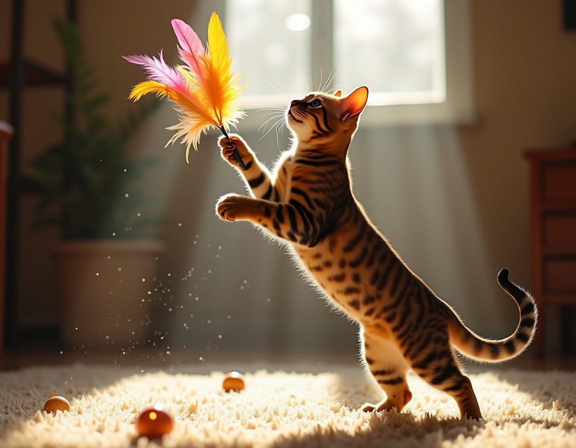 Cat leaps into the air, its paws reaching for a multicolored feather toy that flutters enticingly, bathed in golden sunlight in a cozy room.