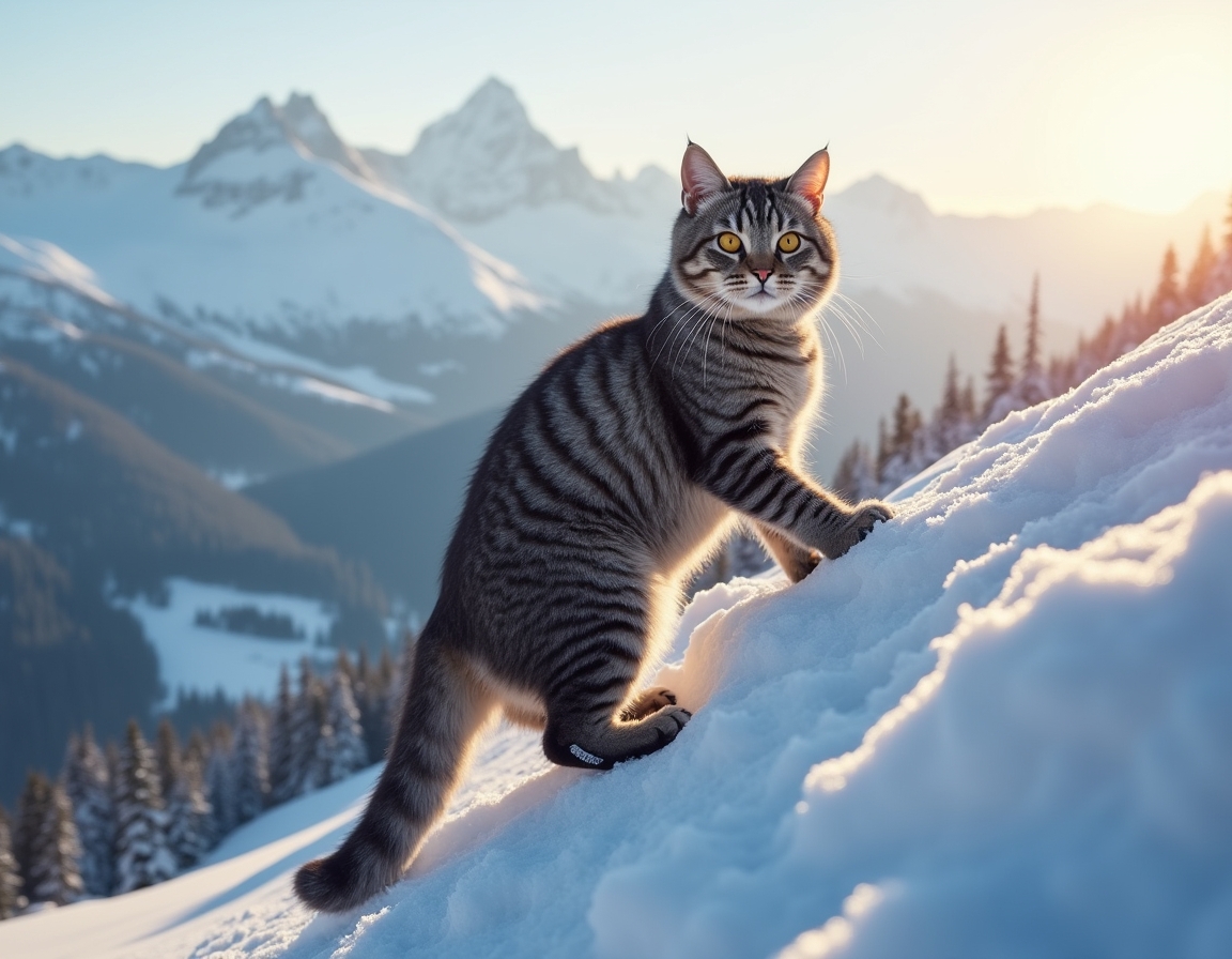 Cat climbs a snow-covered mountain, navigating the icy terrain with determination, surrounded by towering peaks and a breathtaking winter landscape.