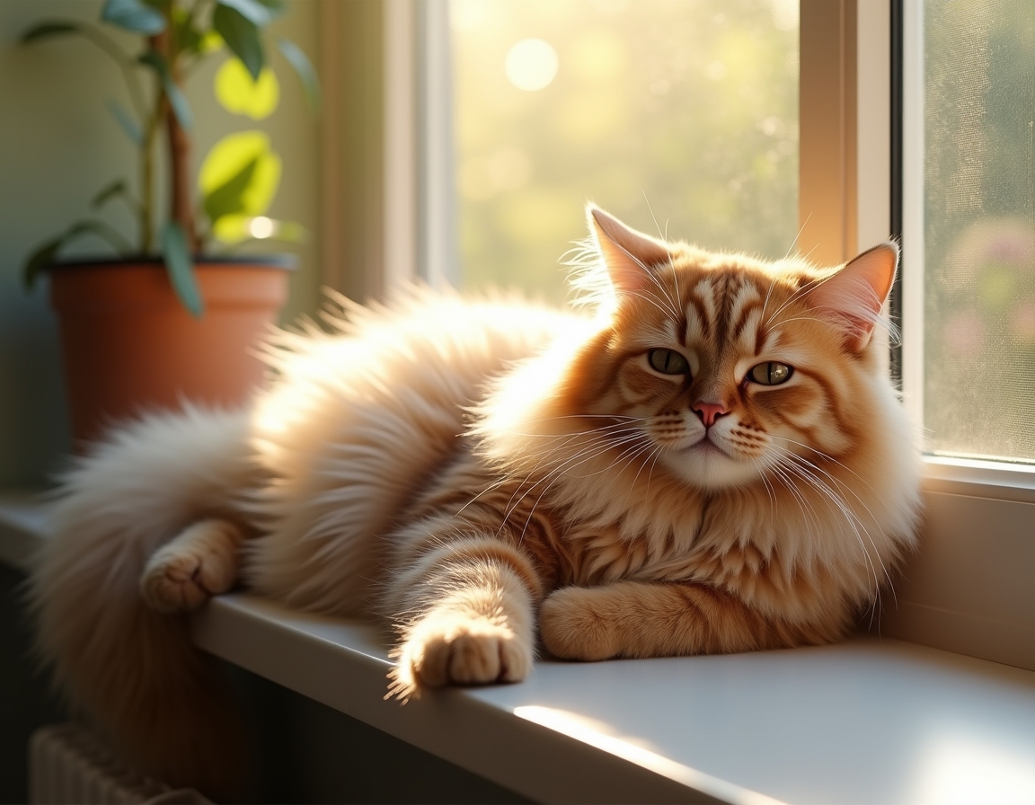 Relaxed cat lies on a sunlit windowsill, its fur glowing in the soft afternoon light. A small potted plant sits nearby, and the blurred background reveals trees outside.