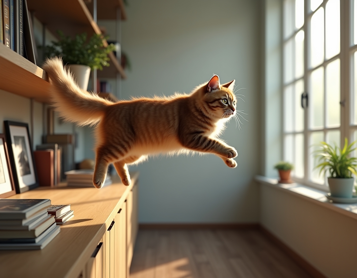 Cat leaps toward a tall shelf filled with books, plants, and framed photos. The room is well-lit with natural light, highlighting the cat’s graceful movement.