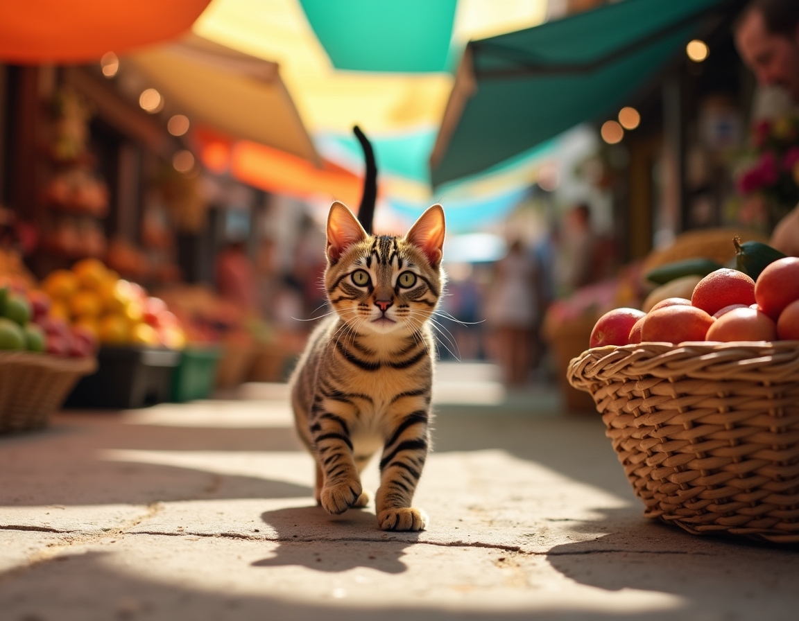 Cat wanders through a lively market, surrounded by fresh produce, baked goods, and aromas.
