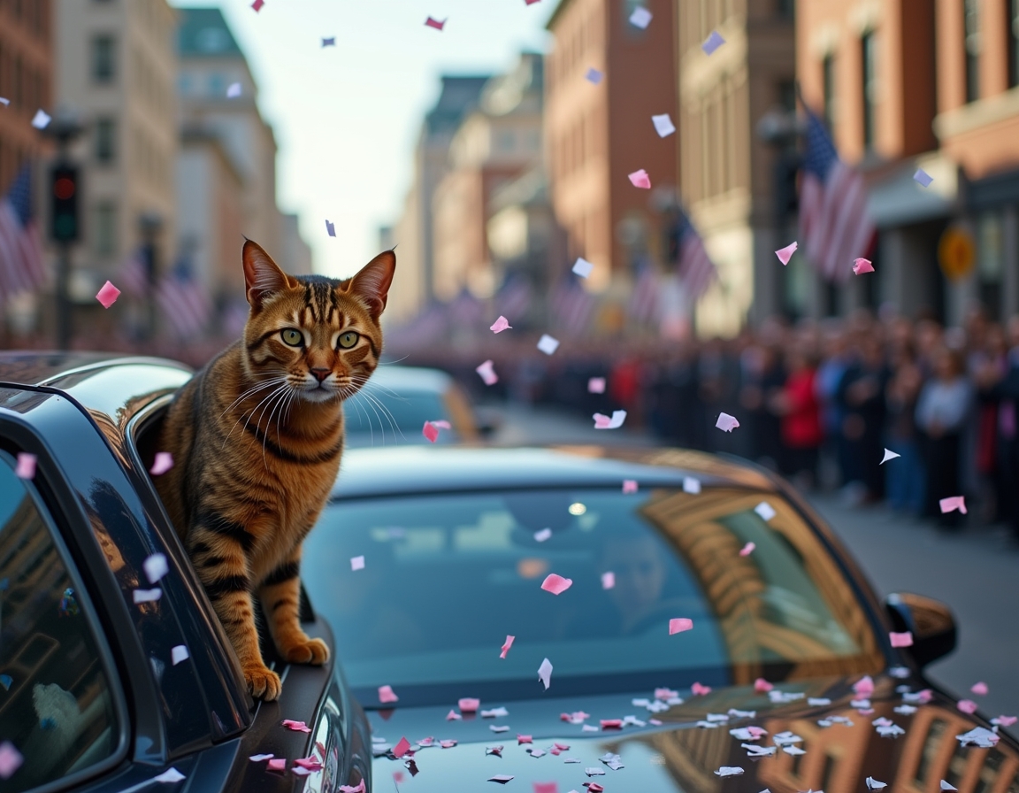 Cat in a celebratory motorcade, enjoying the confetti and cheering crowds during the inauguration parade.