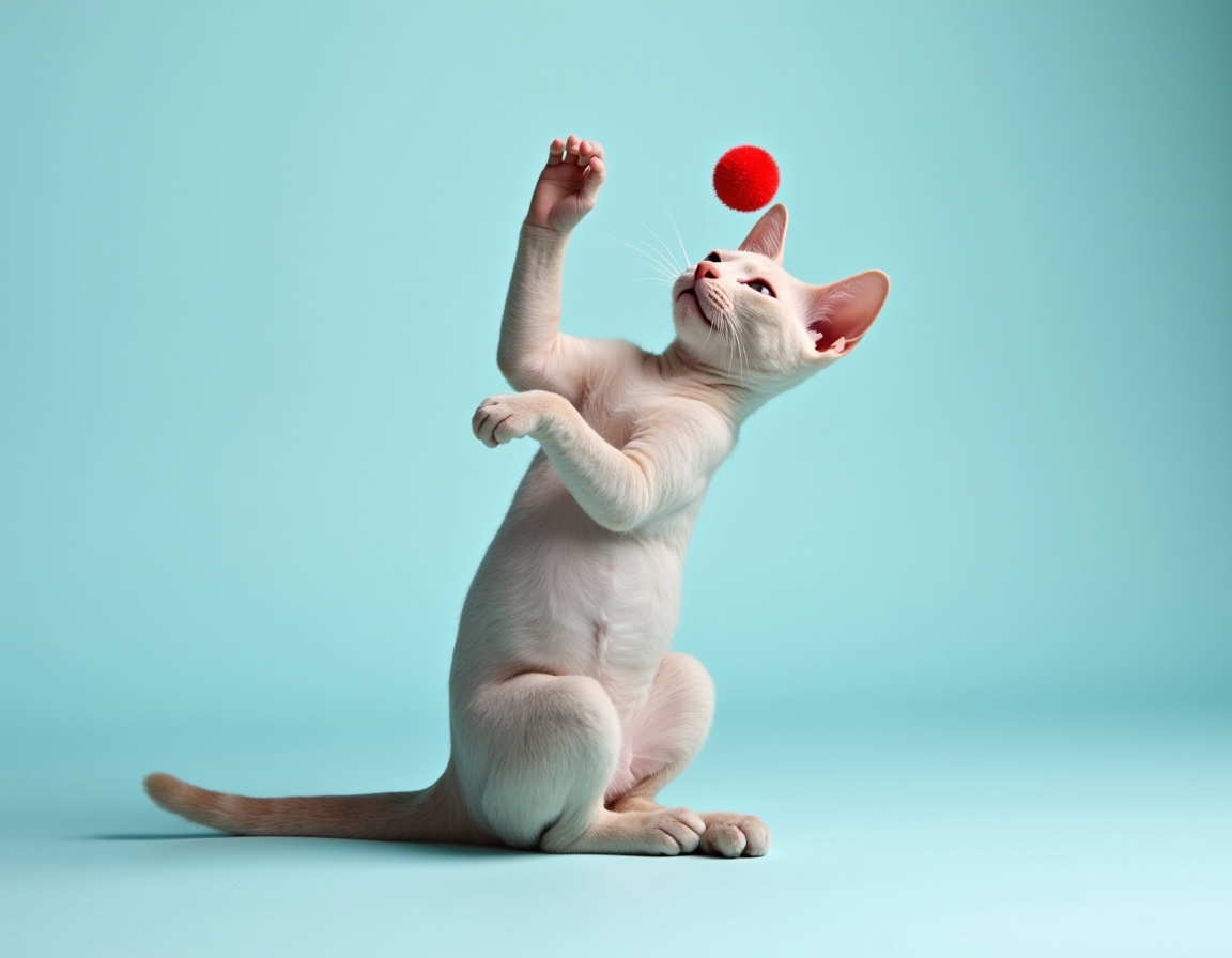 Playful studio photo of cat interacting with a bright red ball. The cat is mid-action with its paw raised, and the pastel blue background and balanced lighting create a cheerful, vibrant atmosphere that highlights the cat’s agility and energy.