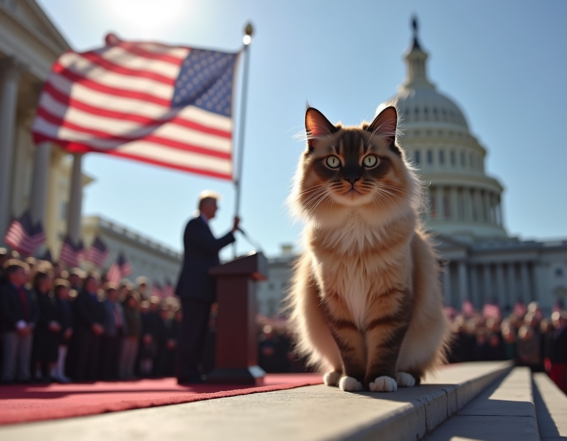 Cat on the Capitol steps during a historic inauguration, surrounded by flags and cheering crowds.
