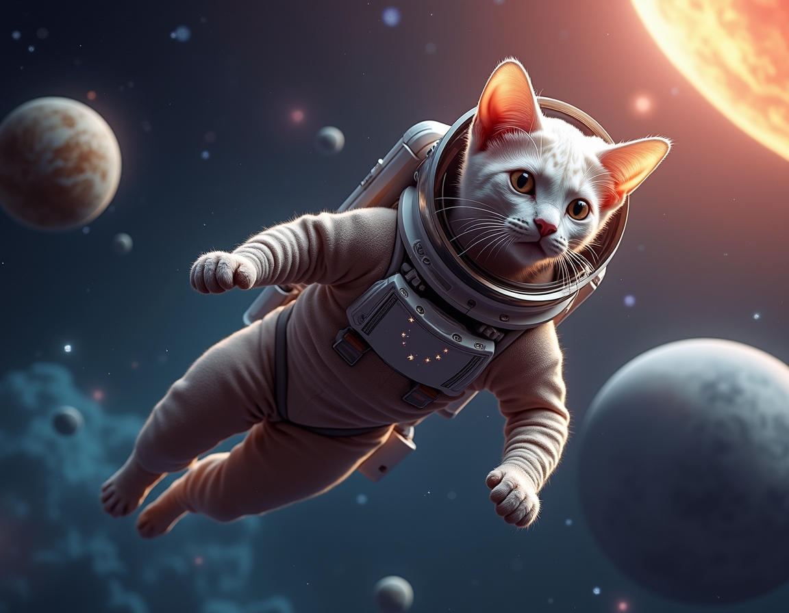Cat floats weightlessly in space, wearing a high-tech spacesuit. Vibrant planets, shining stars, and distant nebulae create a stunning cosmic backdrop.