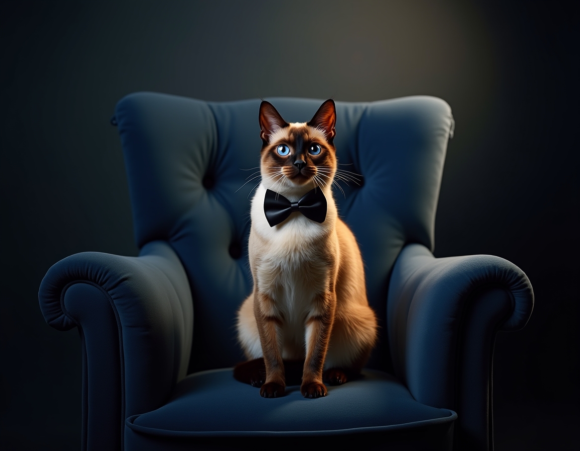 Photorealistic image of cat posed on a luxurious velvet chair in a studio. The backdrop is a deep navy blue with soft spotlighting that highlights the cat's fur and a sleek black bowtie, giving the scene a sophisticated, formal atmosphere.