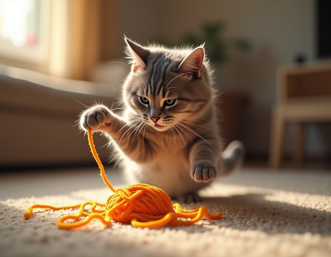 Cat pounces on a colorful ball of yarn on a wooden floor. The scene is bathed in soft sunlight streaming through a window, with a cozy room in the background.