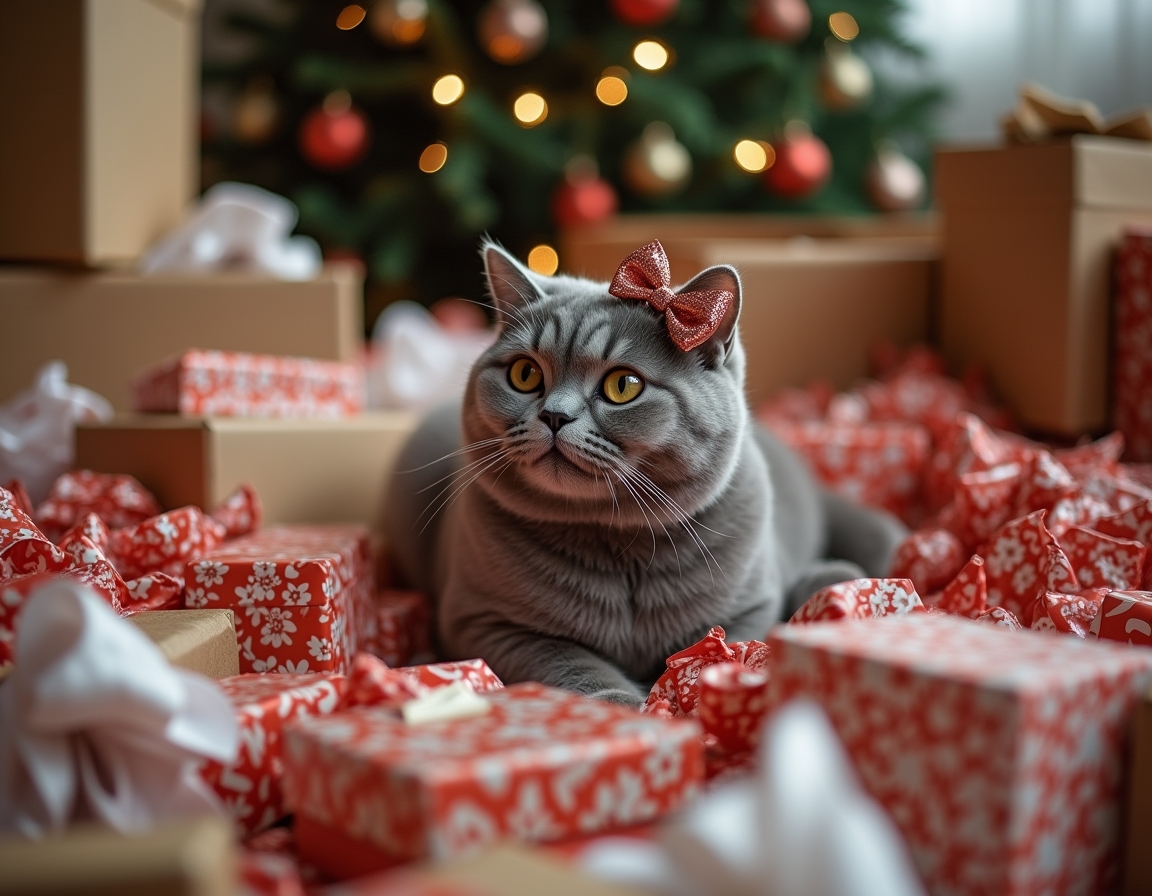 Playful cat surrounded by crumpled wrapping paper, ribbons, and empty boxes, with a shiny bow on its head. Christmas decorations and half-wrapped presents complete the festive scene.