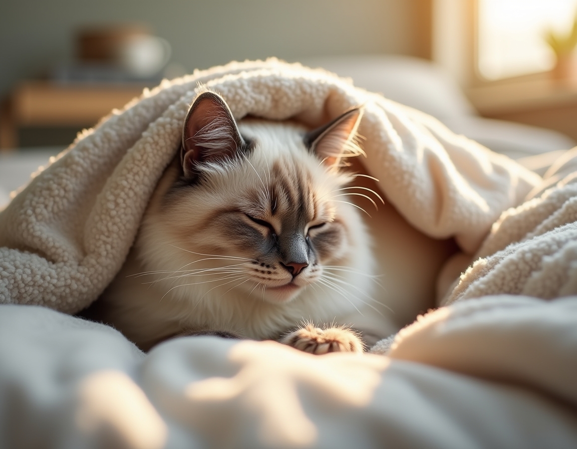 Cat is nestled under soft blankets on a bed, its eyes half-closed in peaceful relaxation. Morning sunlight streams through a nearby window, highlighting the soft textures of the bedding.